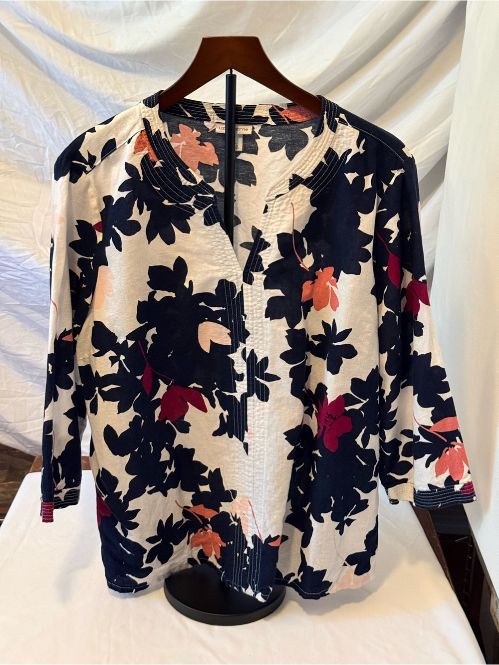 Liz Claiborne Navy, Coral & White Floral Tunic Size XL (HH15)